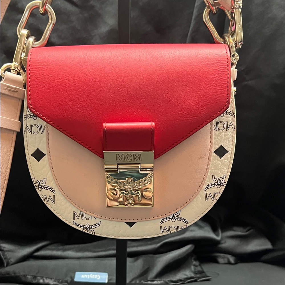 MCM Red and Beige Logo Leather Crossbody Bag